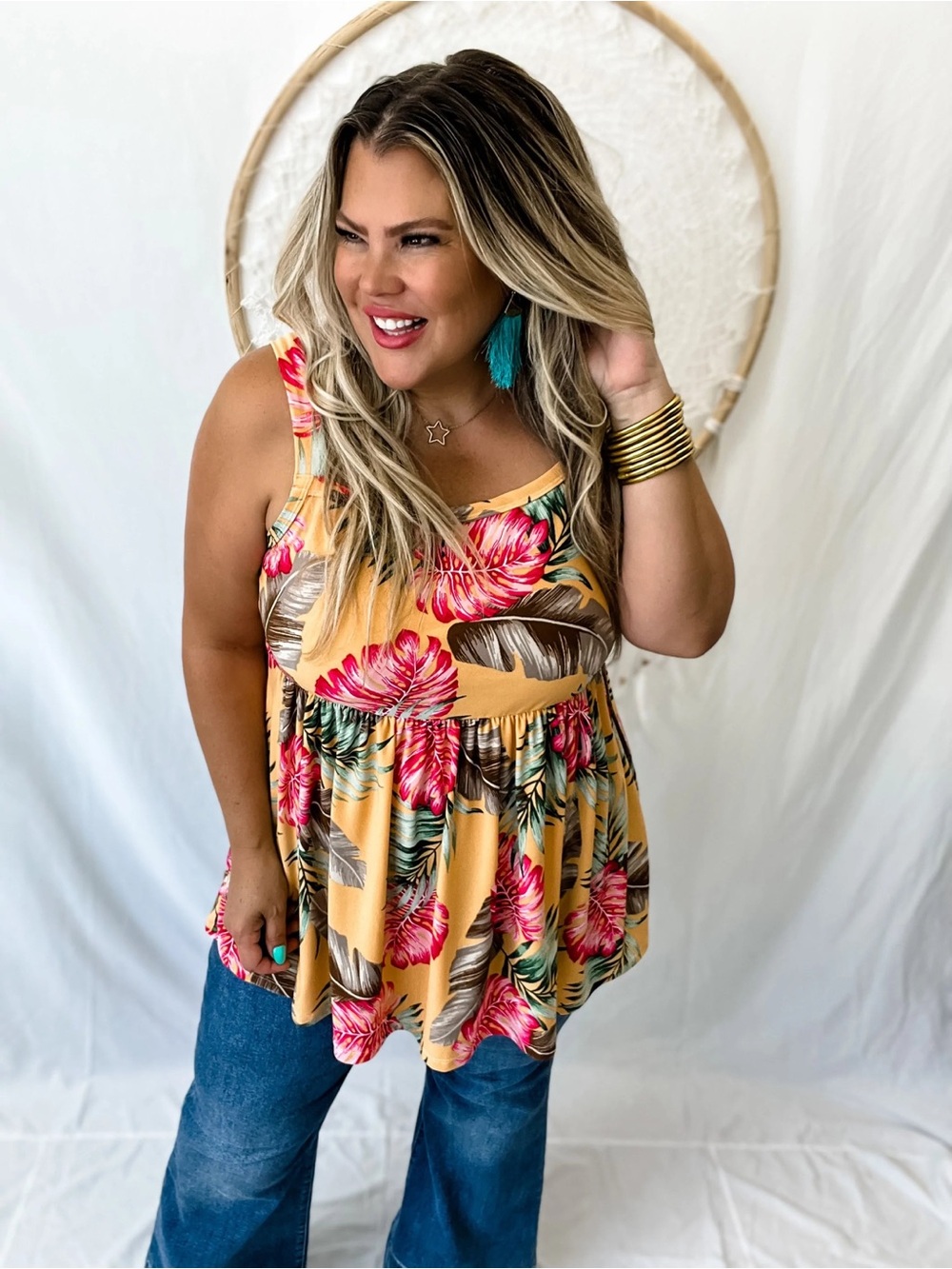 Tropical Floral Yellow Tank Top - Women’s Sleeveless Tunic